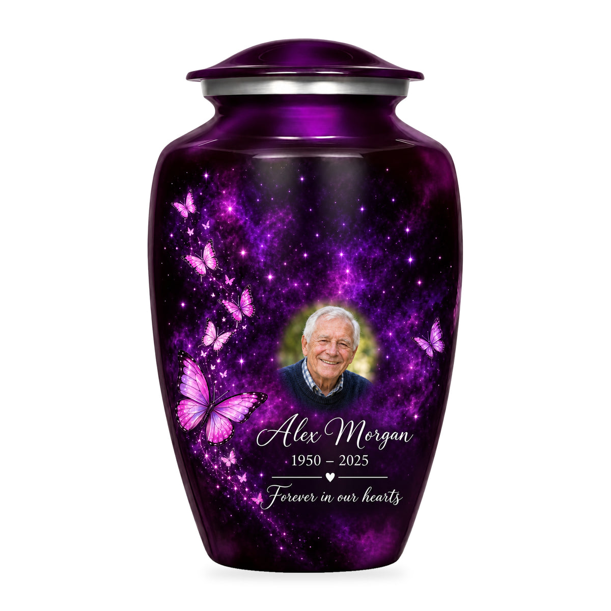 Purple adult Plum Starlight butterfly urn with fictional sample portrait, name and years, shown on white.