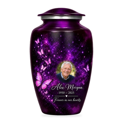 Purple adult Plum Starlight butterfly urn with fictional sample portrait, name and years, shown on white.