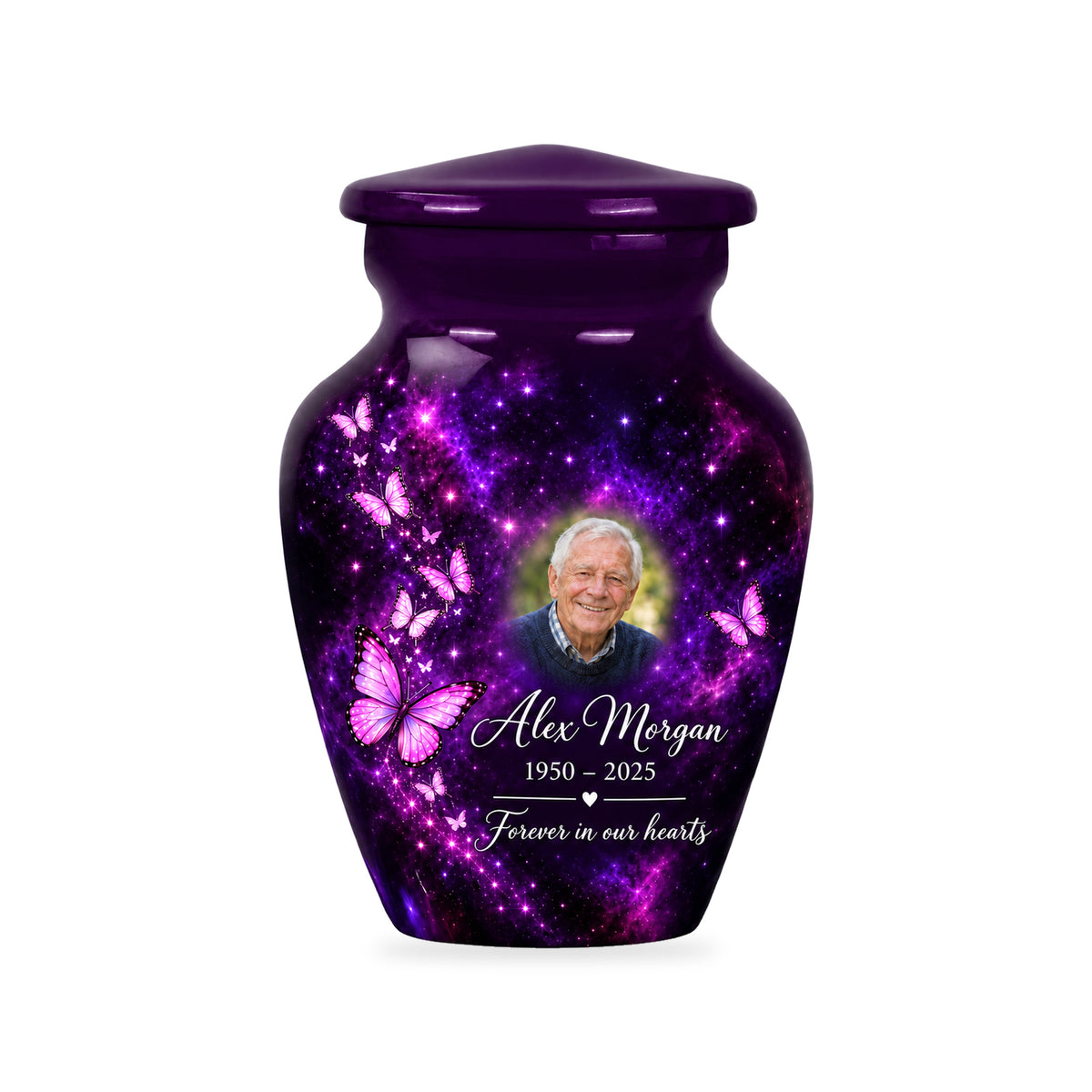 One ringless Plum Starlight butterfly keepsake urn with fictional sample portrait and text.