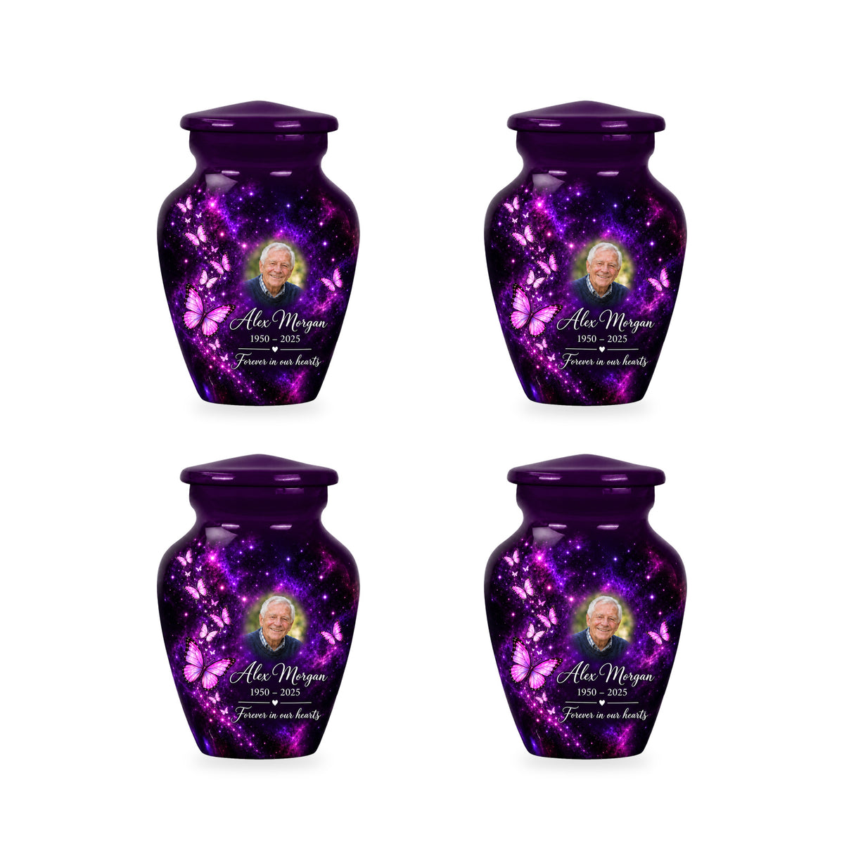 Four matching ringless Plum Starlight butterfly keepsake urns with fictional sample personalization.