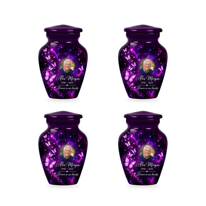 Four matching ringless Plum Starlight butterfly keepsake urns with fictional sample personalization.