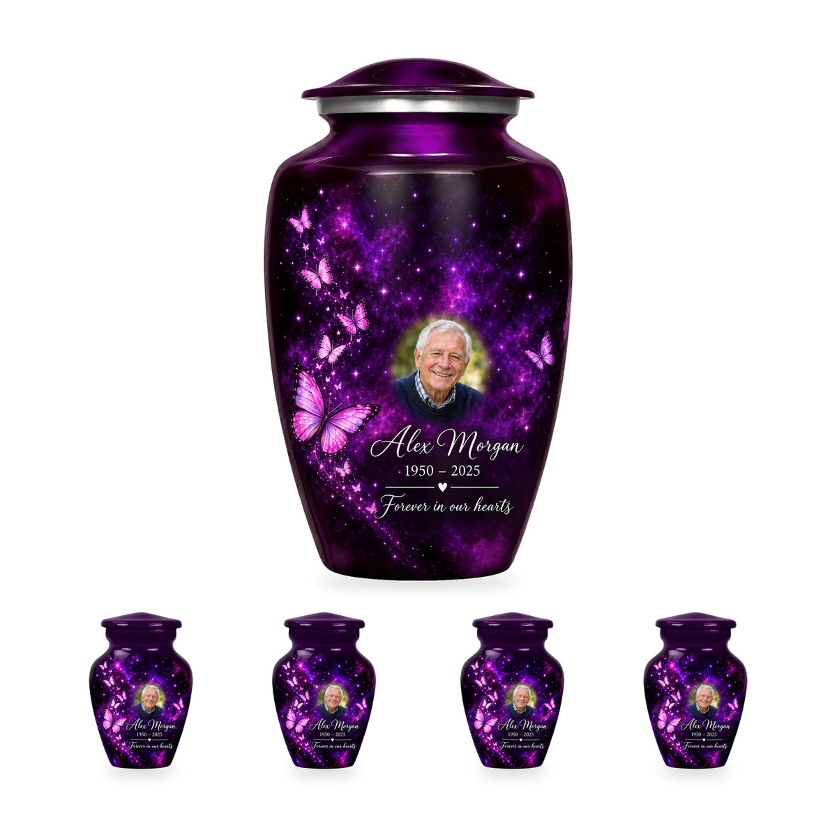 Plum Starlight adult butterfly urn with four matching ringless keepsakes; the selected package includes five urns.