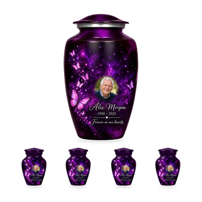 Plum Starlight adult butterfly urn with four matching ringless keepsakes; the selected package includes five urns.