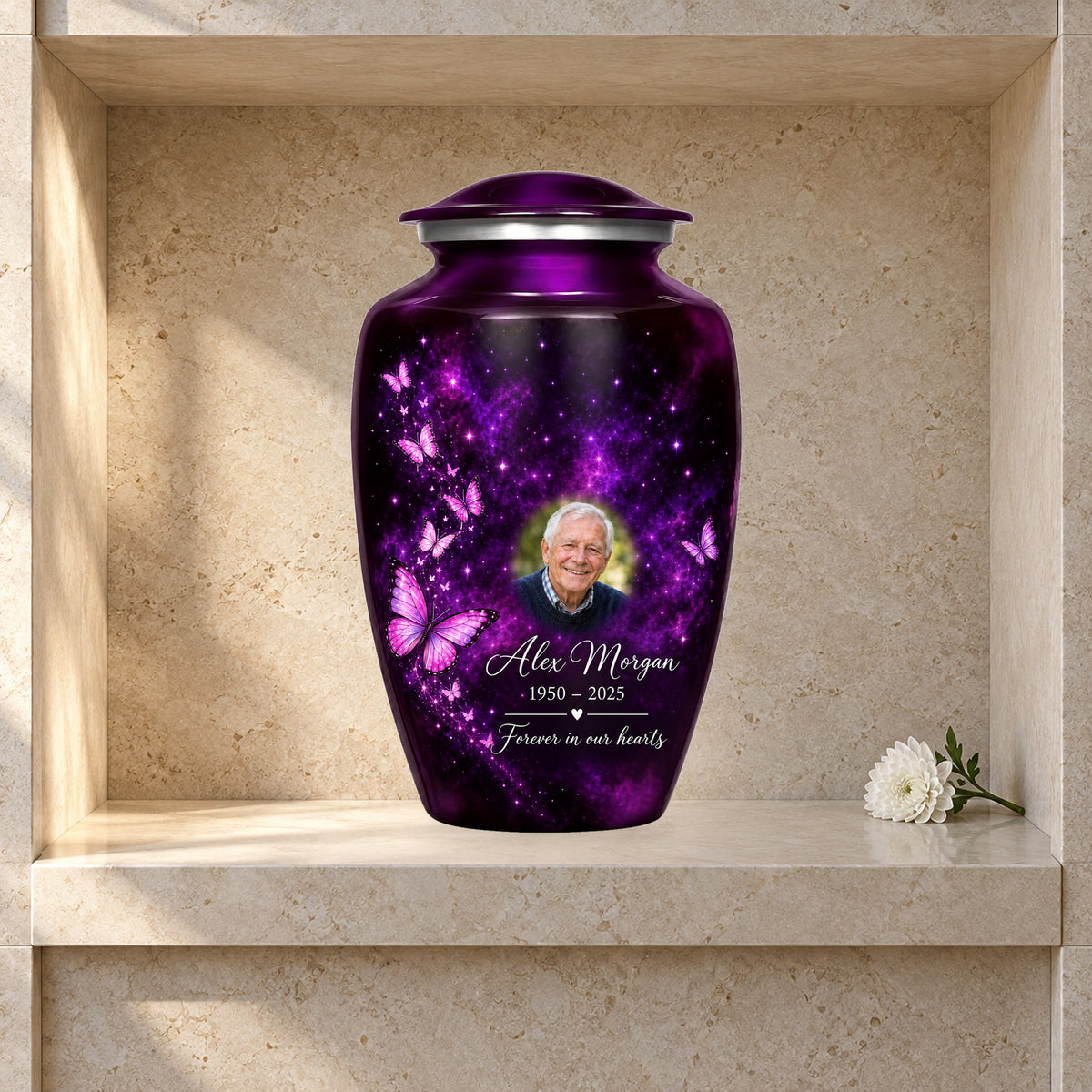Plum Starlight adult butterfly urn in a styled columbarium display; decorative props are not included.