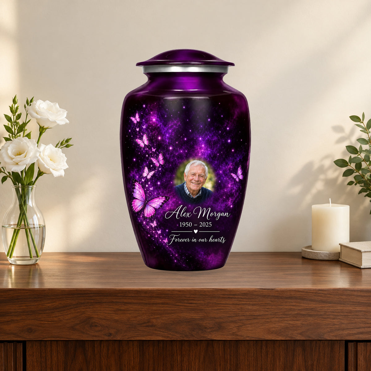 Plum Starlight personalized butterfly urn in a styled memorial display; decorative props are not included.
