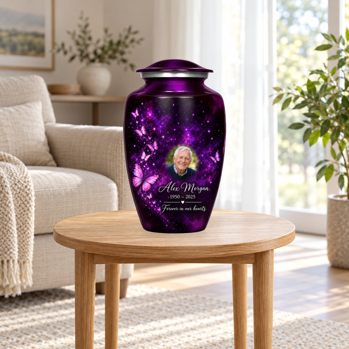 Plum Starlight adult butterfly urn in a home display; furniture and decorative props are not included.