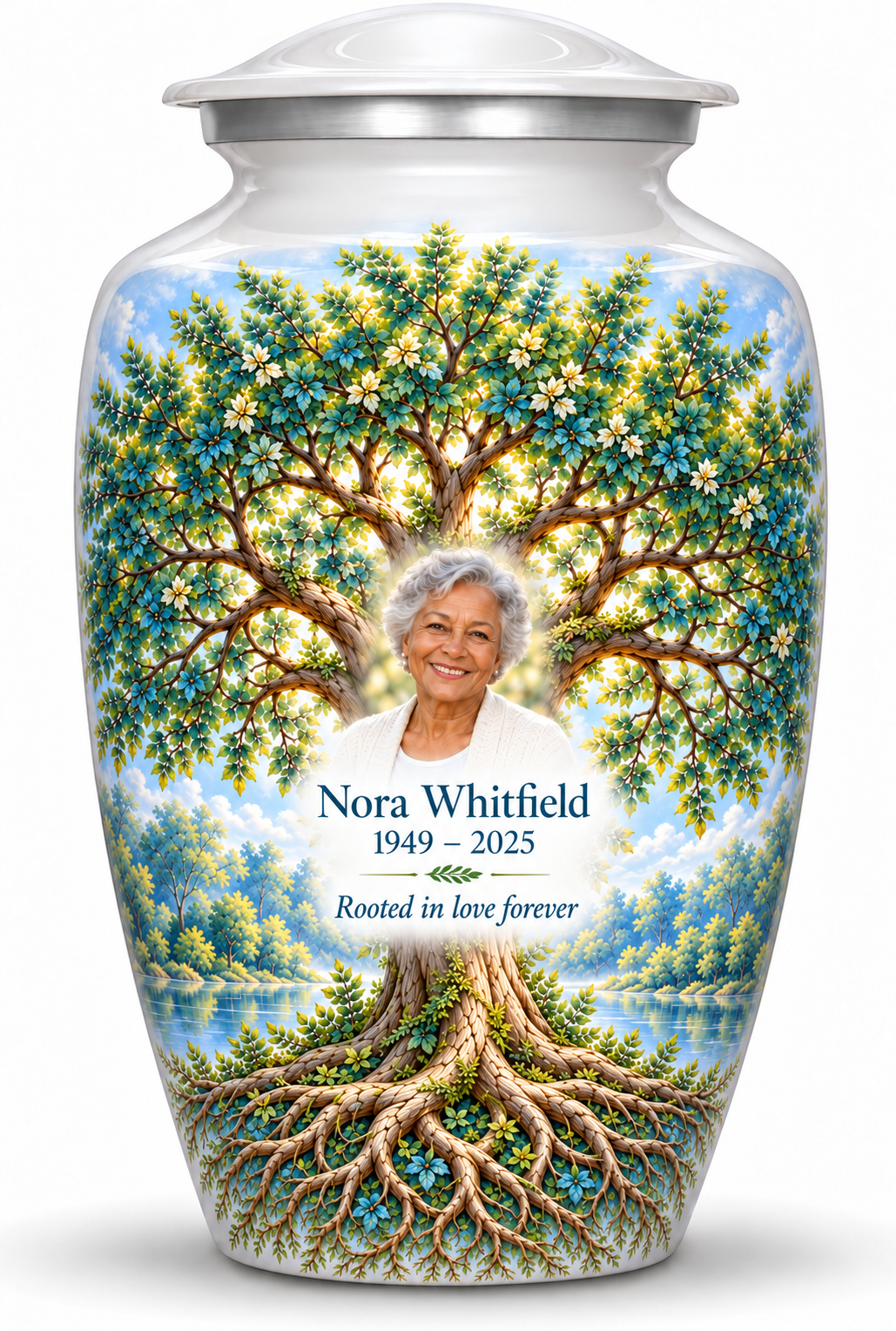 Green Tree of Life adult urn with emerald oak artwork and a borderless sample portrait