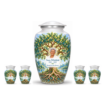 One Emerald Oak Tree of Life adult urn with four matching keepsake urns, sample photo and text, on a white background