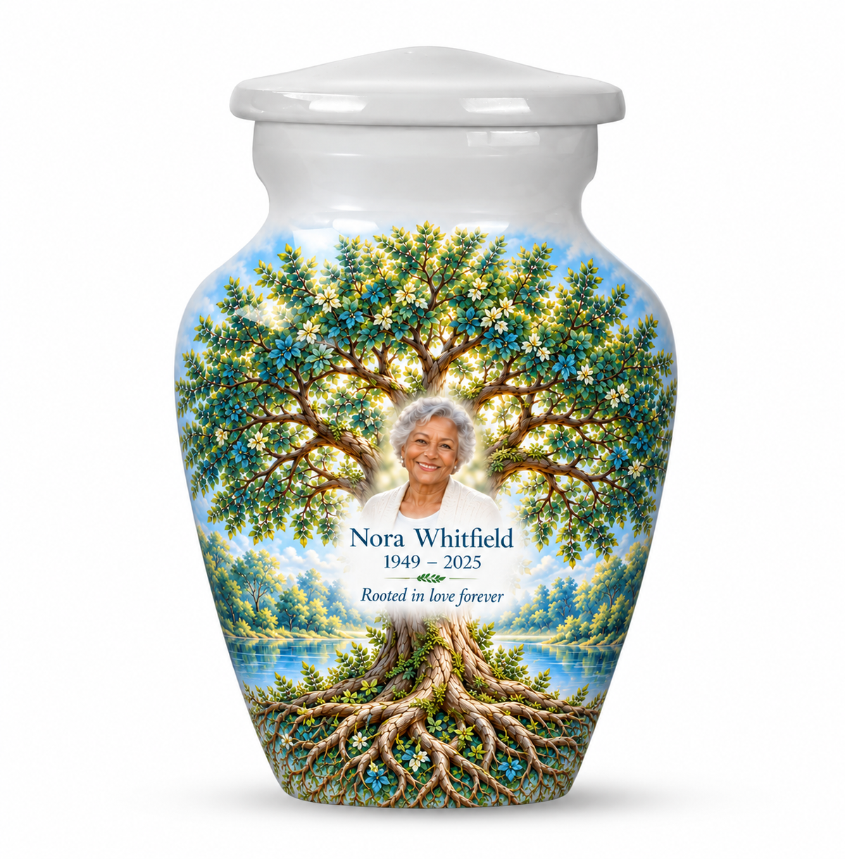 Matching green Tree of Life keepsake urn with emerald oak artwork, sample photo and text