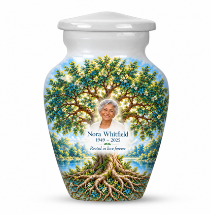 Matching green Tree of Life keepsake urn with emerald oak artwork, sample photo and text
