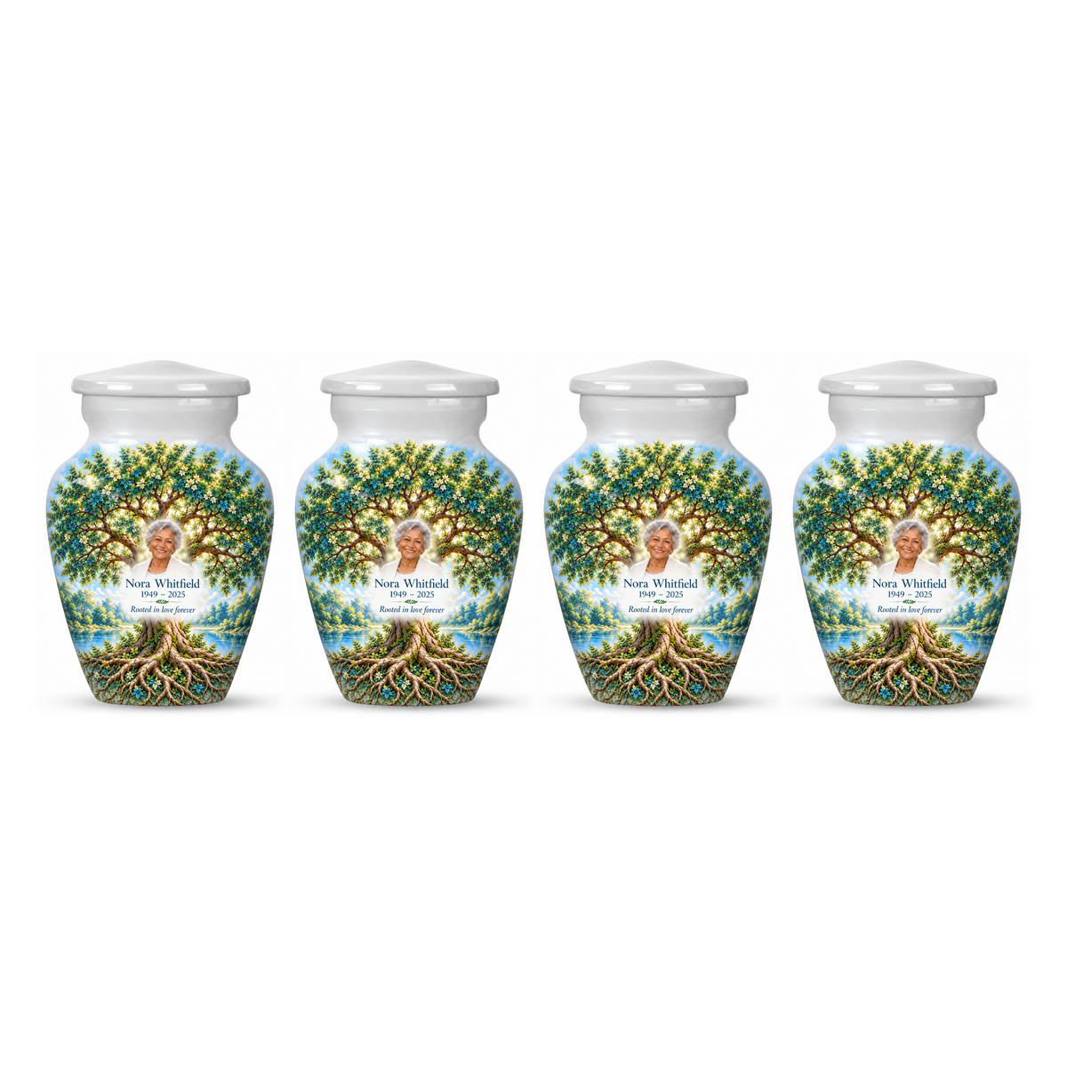 Four matching Emerald Oak Tree of Life keepsake urns with sample photo and text on a white background