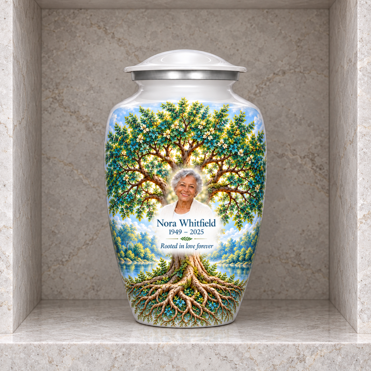 Emerald Oak Tree of Life adult urn with sample photo and text displayed in a columbarium niche