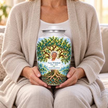 Emerald Oak Tree of Life adult urn with sample photo and text held upright on a seated person’s lap