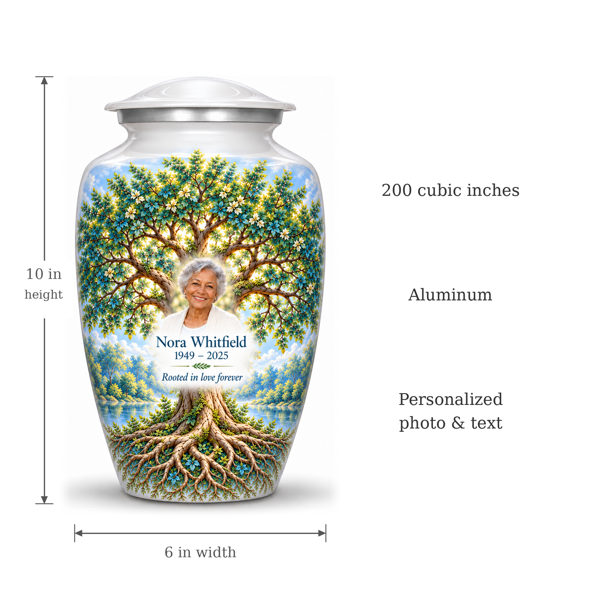 Emerald Oak Tree of Life adult urn size guide showing 10-inch height, 6-inch width, 200-cubic-inch capacity and Aluminum material