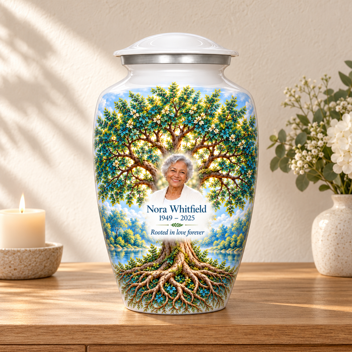 Emerald Oak Tree of Life adult urn with sample photo and text displayed on a memorial console