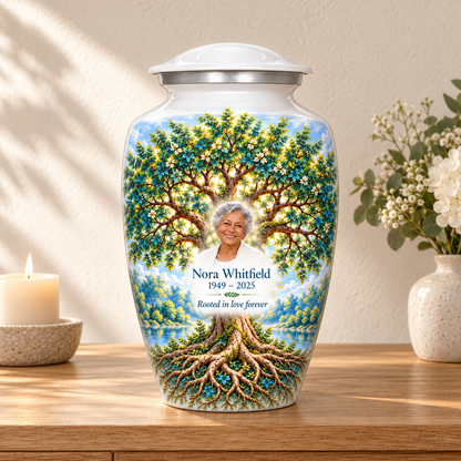 Emerald Oak Tree of Life adult urn with sample photo and text displayed on a memorial console