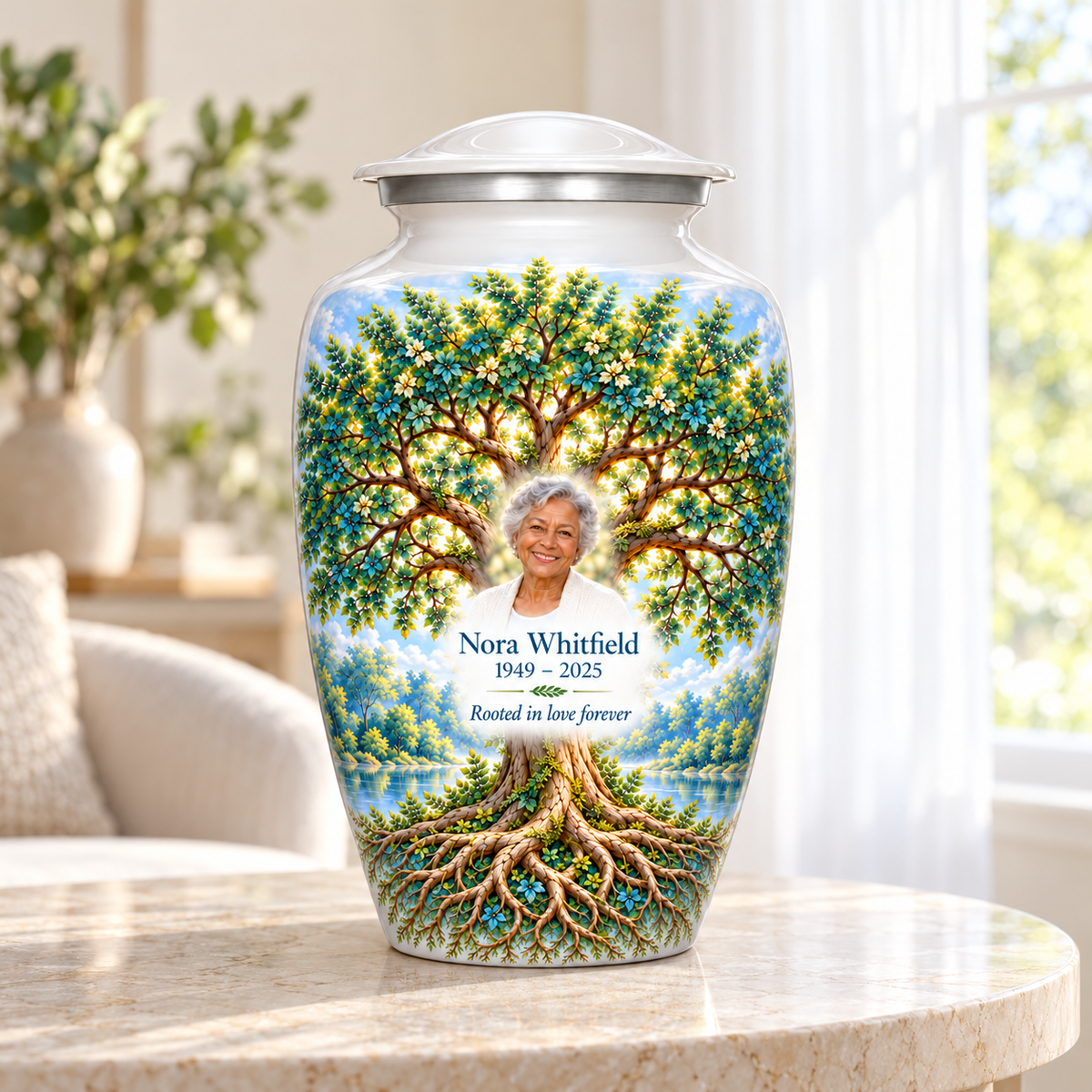 Emerald Oak Tree of Life adult urn with sample photo and text displayed in a sunlit home