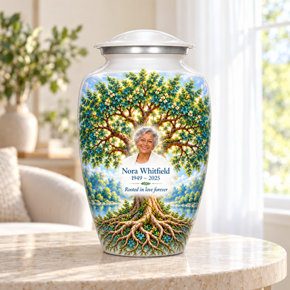 Emerald Oak Tree of Life adult urn with sample photo and text displayed in a sunlit home