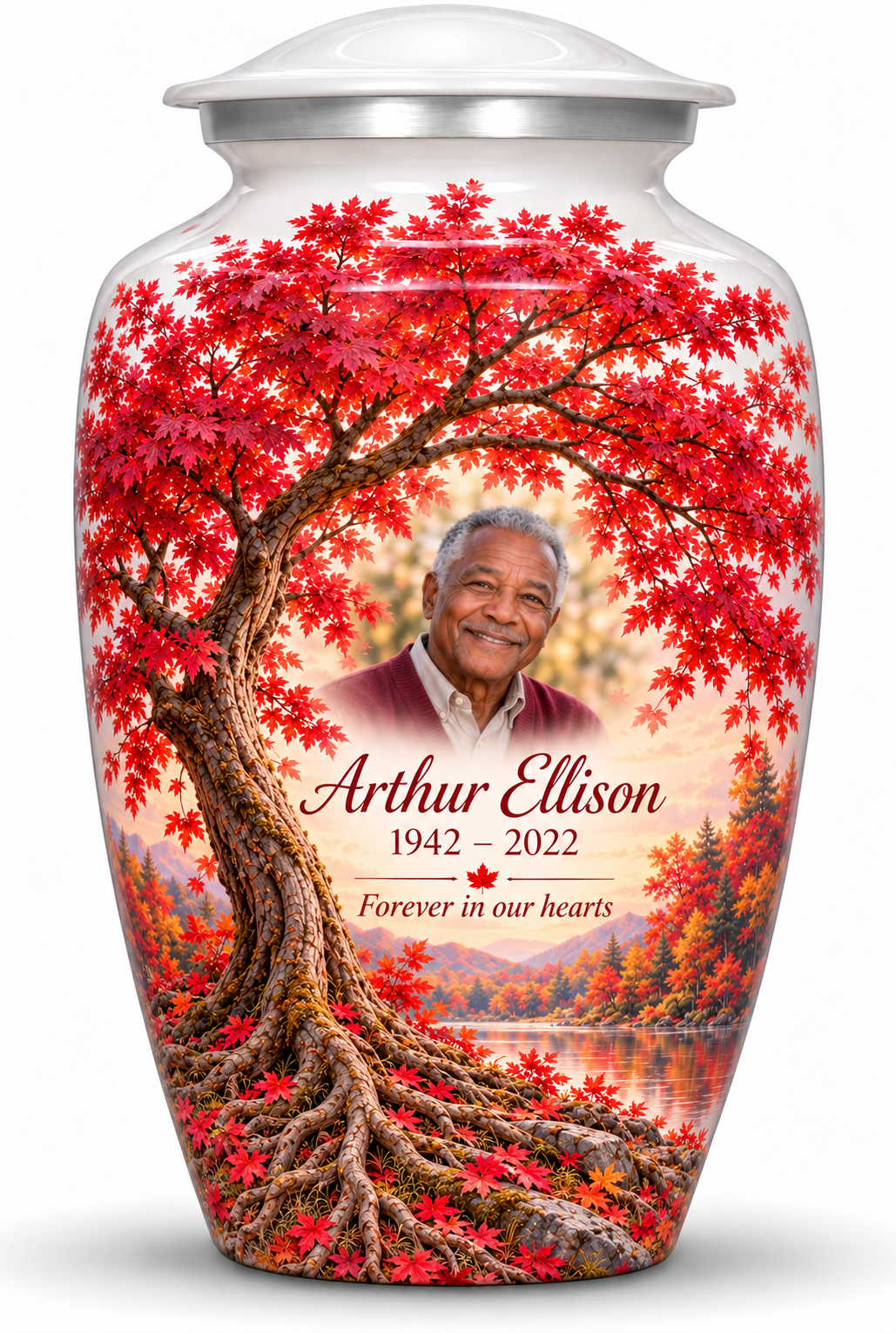 Red Tree of Life adult urn with crimson maple artwork and a borderless sample portrait