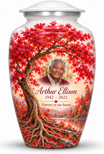 Red Tree of Life adult urn with crimson maple artwork and a borderless sample portrait