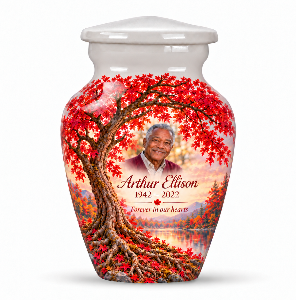 Matching red Tree of Life keepsake urn with crimson maple artwork, sample photo and text