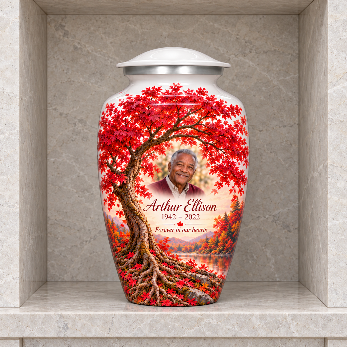 Crimson Maple Tree of Life adult urn with sample photo and text displayed in a columbarium niche