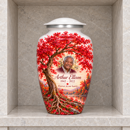 Crimson Maple Tree of Life adult urn with sample photo and text displayed in a columbarium niche