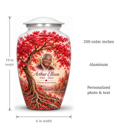 Crimson Maple Tree of Life adult urn size guide showing 10-inch height, 6-inch width, 200-cubic-inch capacity and Aluminum material