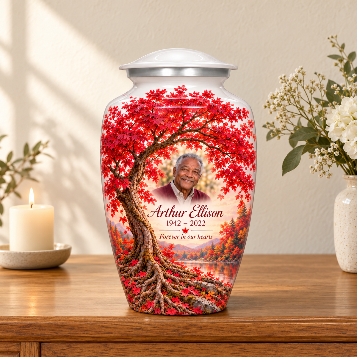 Crimson Maple Tree of Life adult urn with sample photo and text displayed on a memorial console
