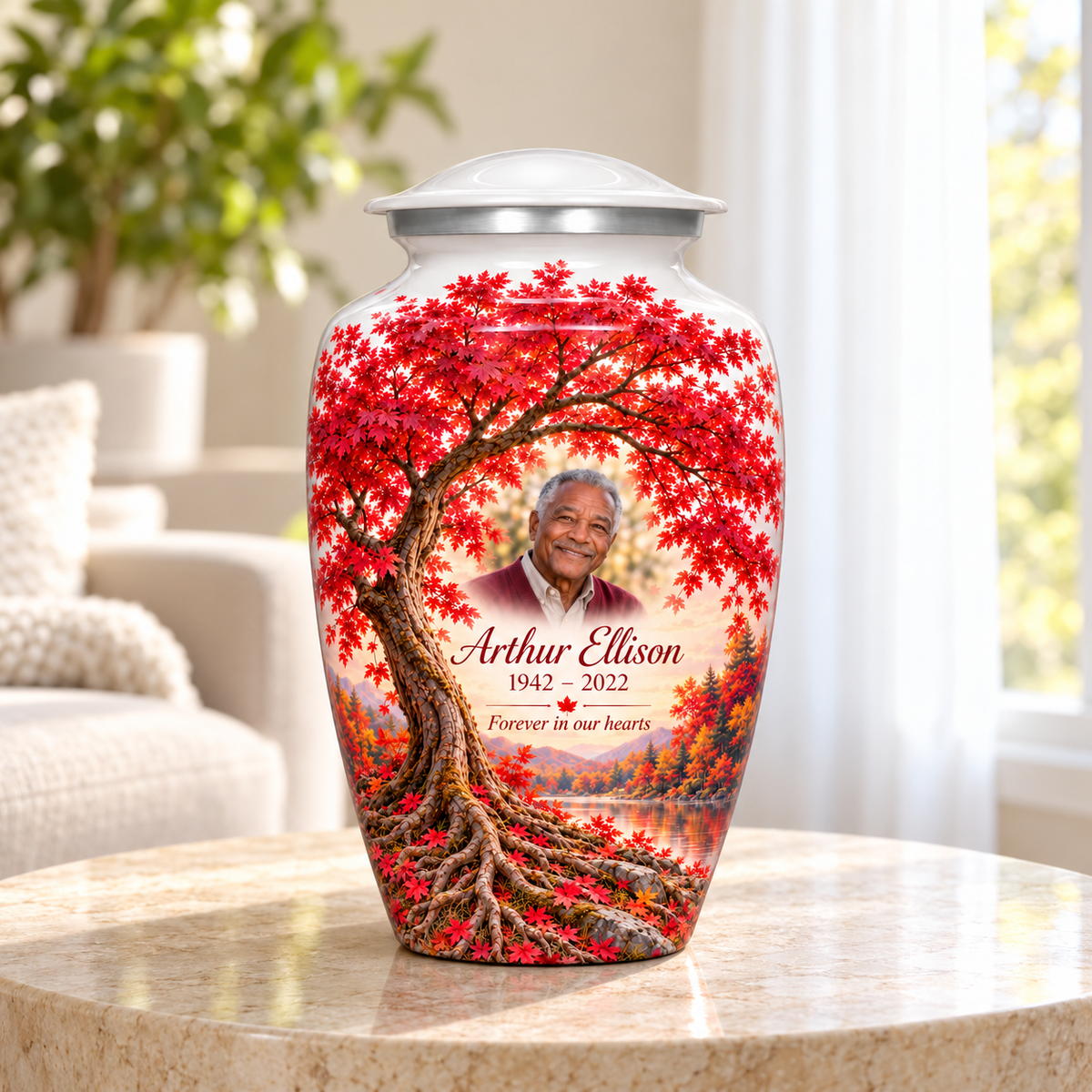 Crimson Maple Tree of Life adult urn with sample photo and text displayed in a sunlit home