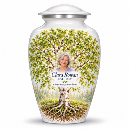 White Tree of Life adult urn with white birch artwork and a borderless sample portrait
