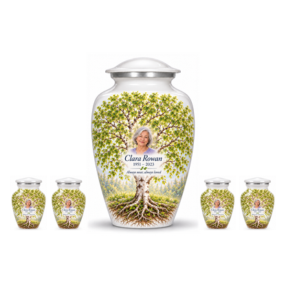 One White Birch Tree of Life adult urn with four matching keepsake urns, sample photo and text, on a white background