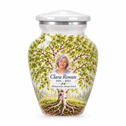 Matching white Tree of Life keepsake urn with white birch artwork, sample photo and text