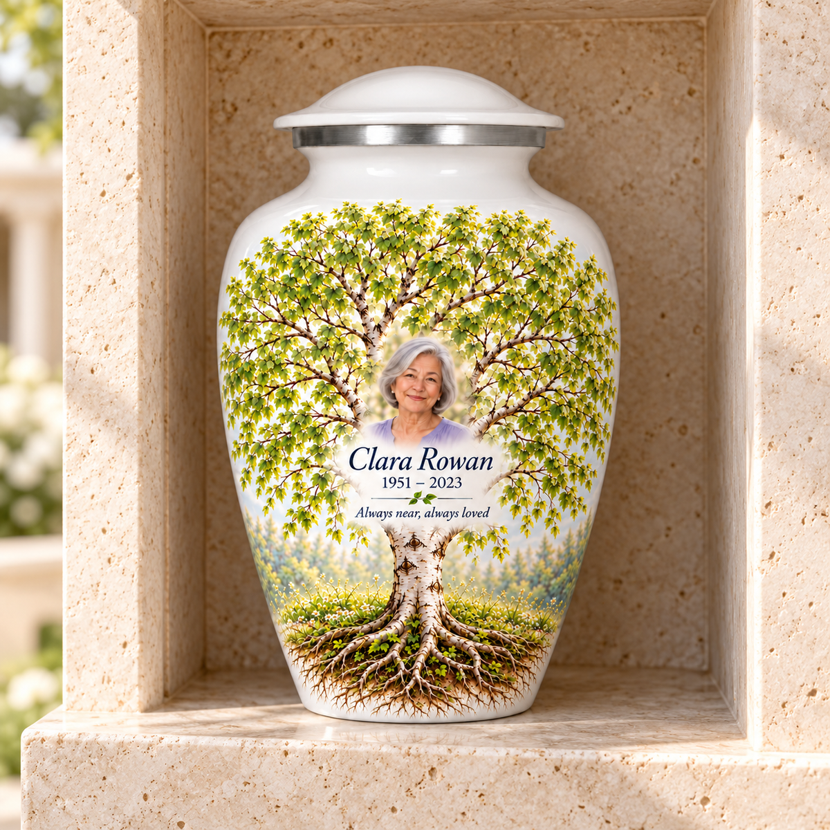 White Birch Tree of Life adult urn with sample photo and text displayed in a columbarium niche