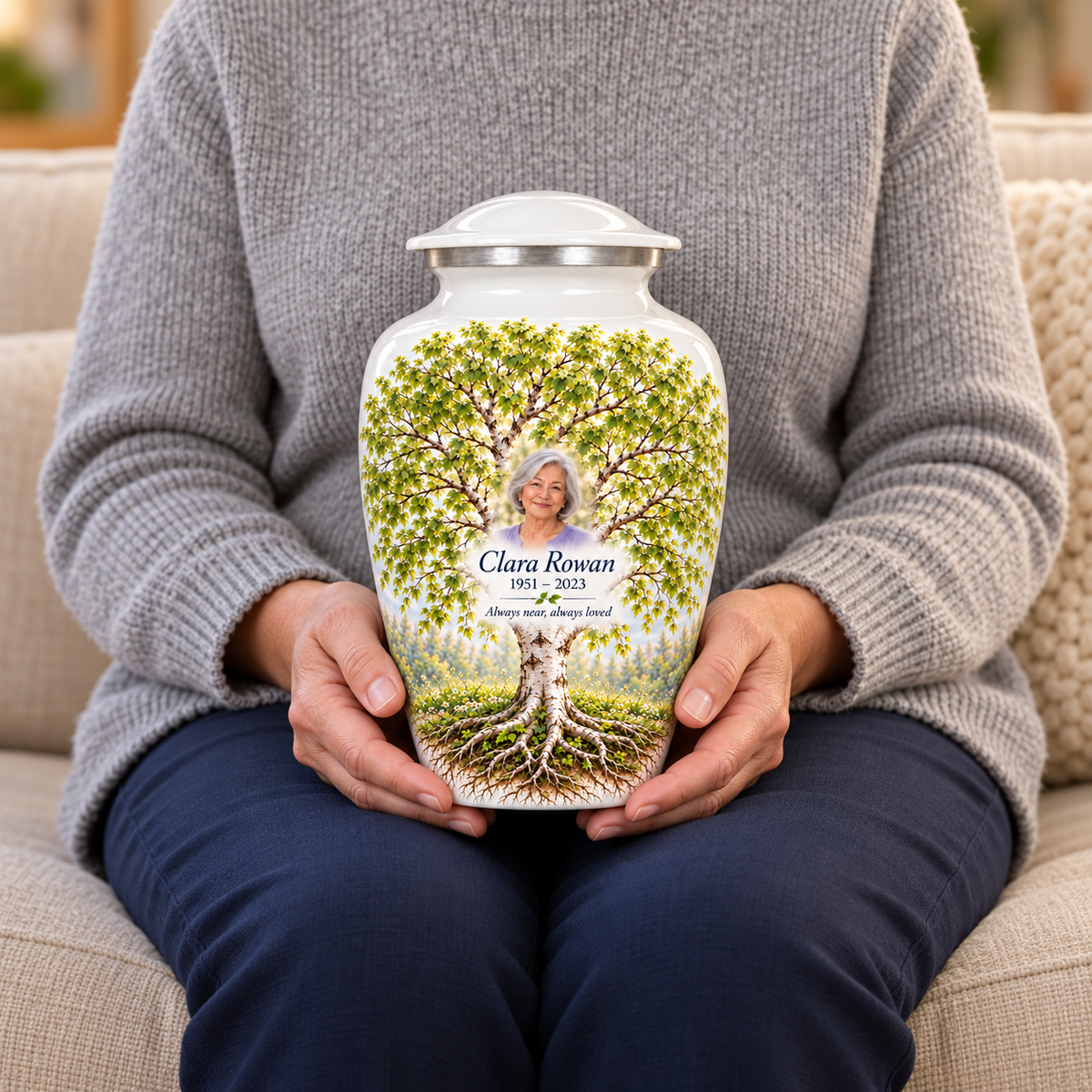 White Birch Tree of Life adult urn with sample photo and text held upright on a seated person’s lap