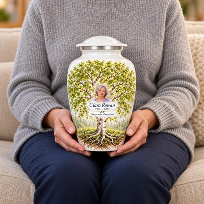 White Birch Tree of Life adult urn with sample photo and text held upright on a seated person’s lap