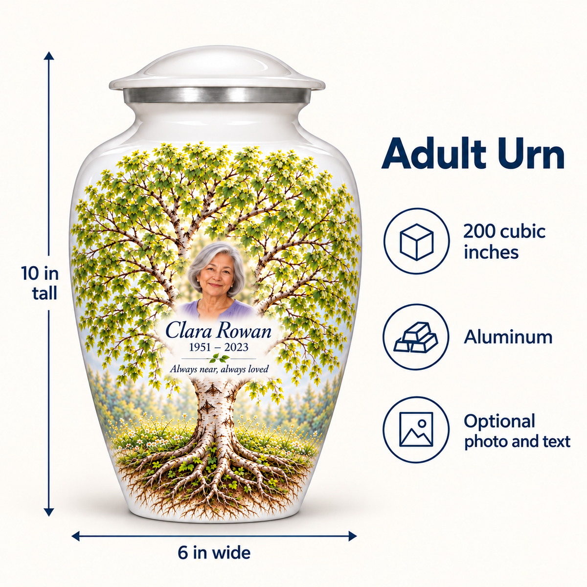 White Birch Tree of Life adult urn size guide showing 10-inch height, 6-inch width, 200-cubic-inch capacity and Aluminum material