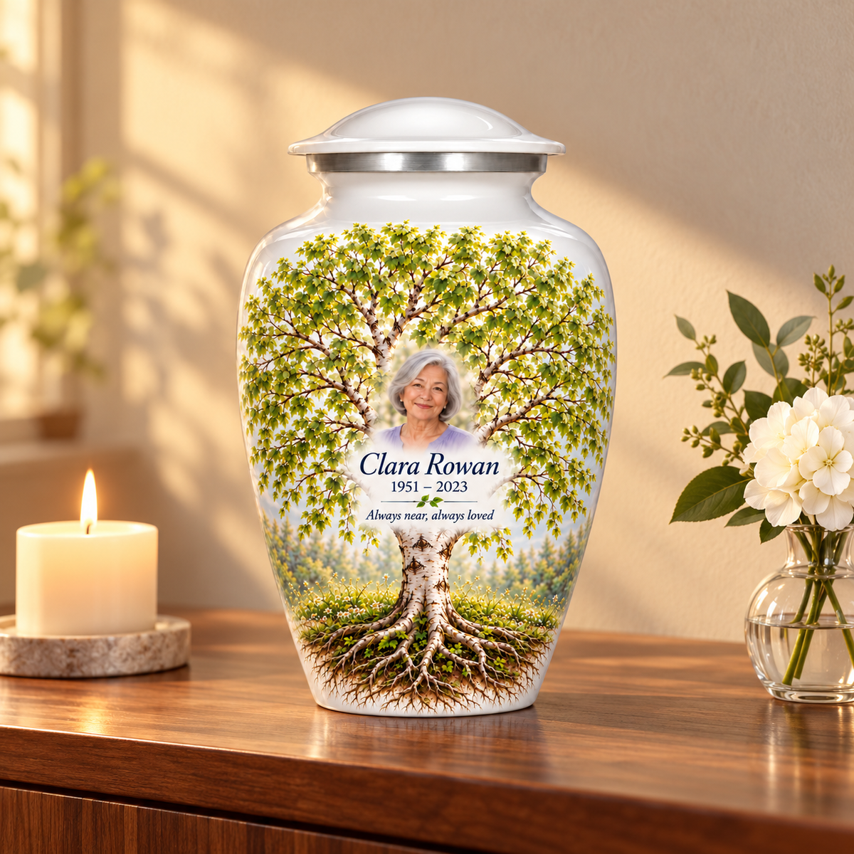 White Birch Tree of Life adult urn with sample photo and text displayed on a memorial console
