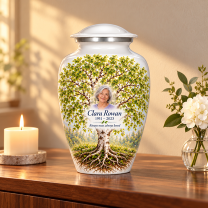 White Birch Tree of Life adult urn with sample photo and text displayed on a memorial console