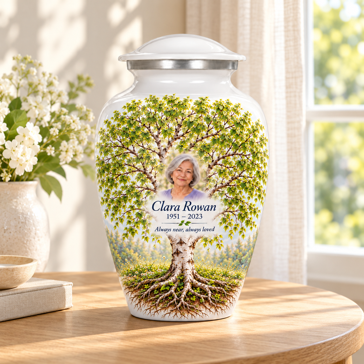 White Birch Tree of Life adult urn with sample photo and text displayed in a sunlit home