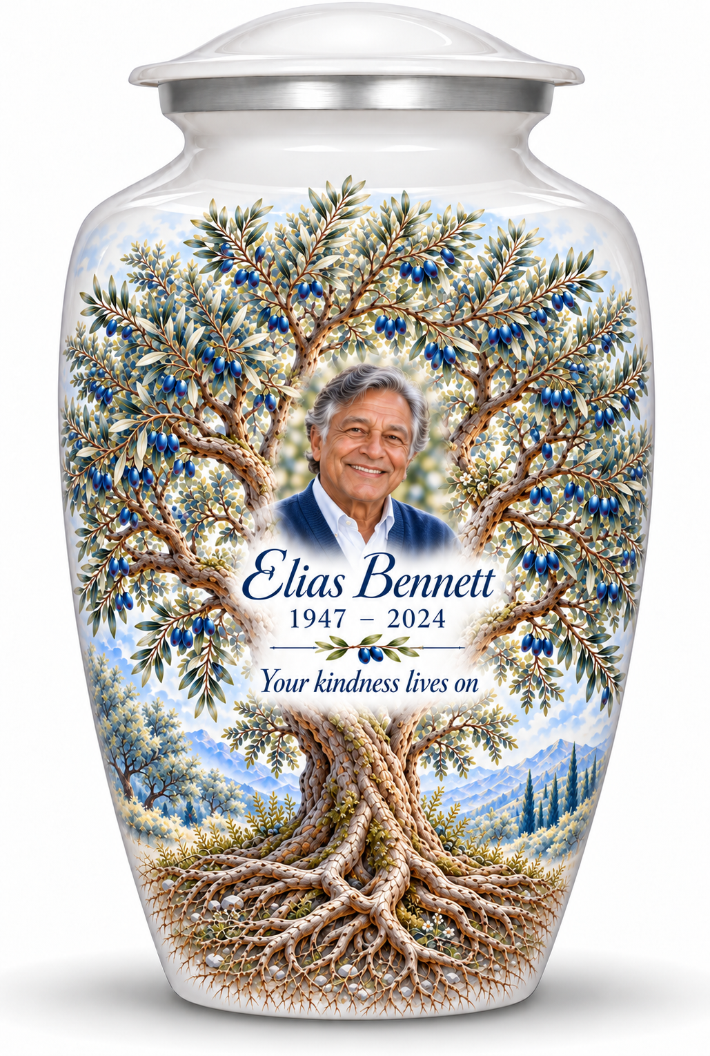 Blue Tree of Life adult urn with blue olive artwork and a borderless sample portrait