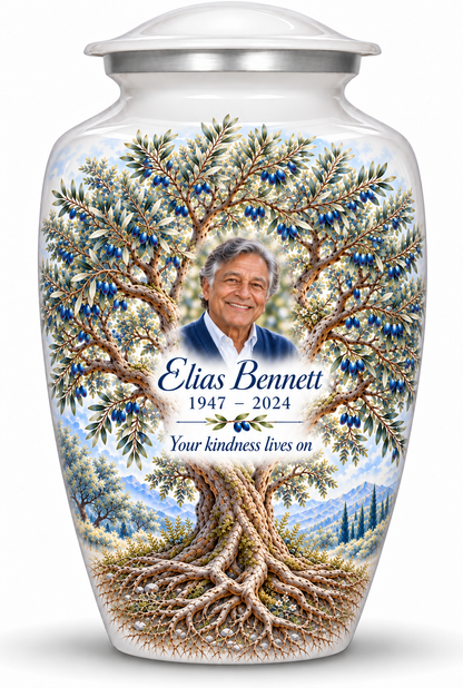 Blue Tree of Life adult urn with blue olive artwork and a borderless sample portrait