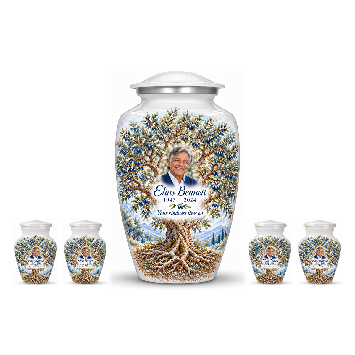 One Blue Olive Tree of Life adult urn with four matching keepsake urns, sample photo and text, on a white background