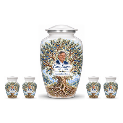 One Blue Olive Tree of Life adult urn with four matching keepsake urns, sample photo and text, on a white background