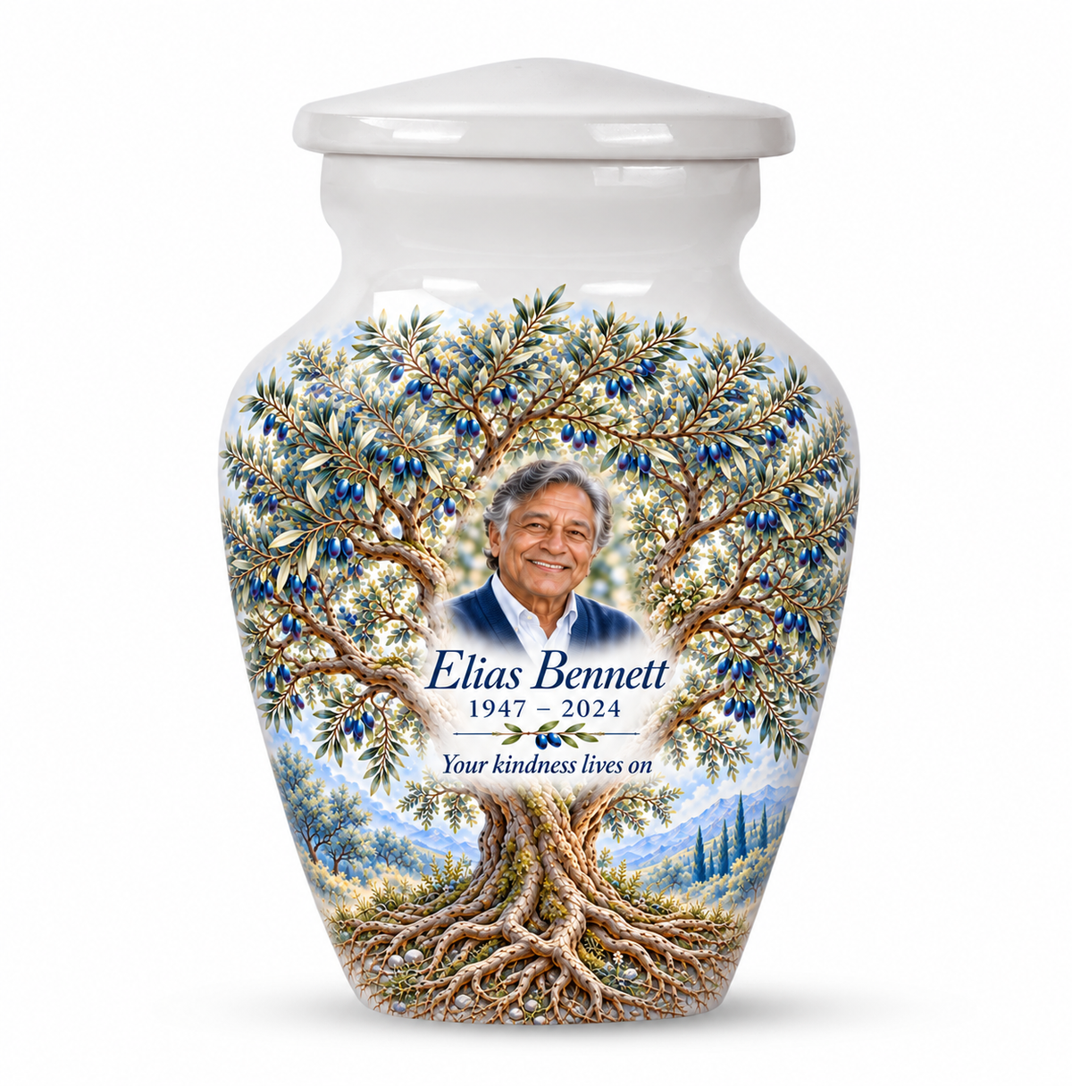 Matching blue Tree of Life keepsake urn with blue olive artwork, sample photo and text