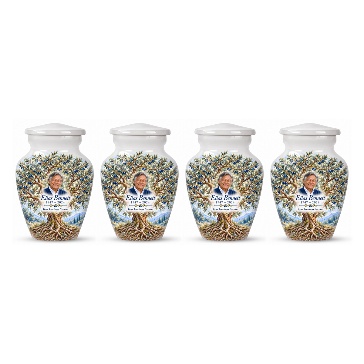 Four matching Blue Olive Tree of Life keepsake urns with sample photo and text on a white background