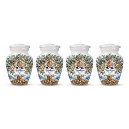 Four matching Blue Olive Tree of Life keepsake urns with sample photo and text on a white background