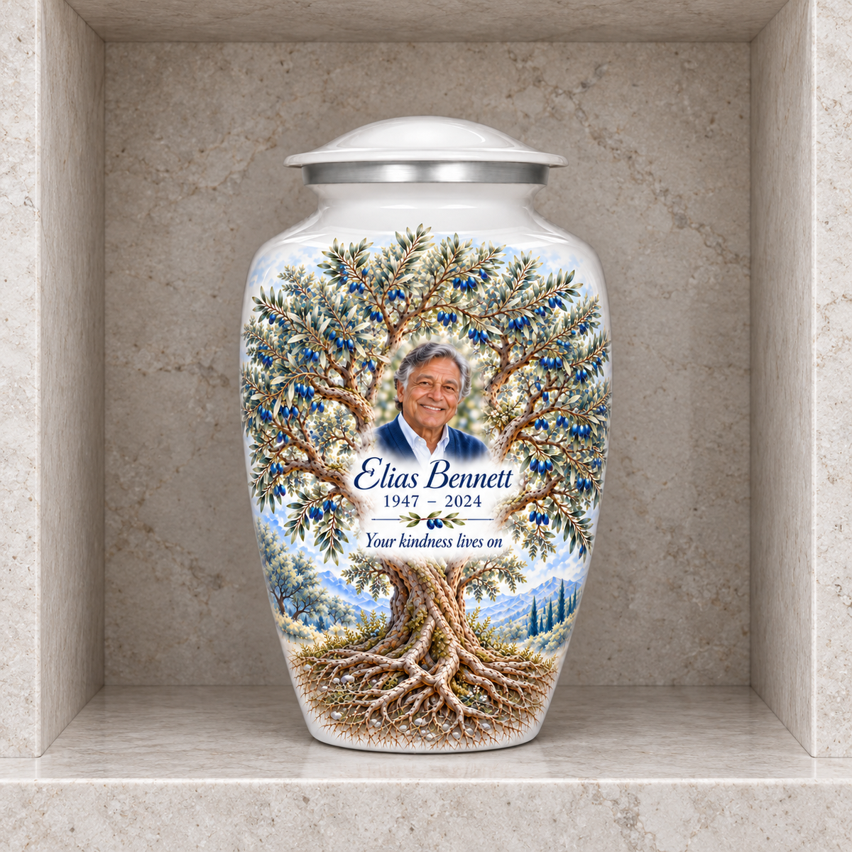 Blue Olive Tree of Life adult urn with sample photo and text displayed in a columbarium niche