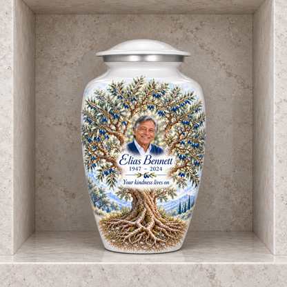 Blue Olive Tree of Life adult urn with sample photo and text displayed in a columbarium niche