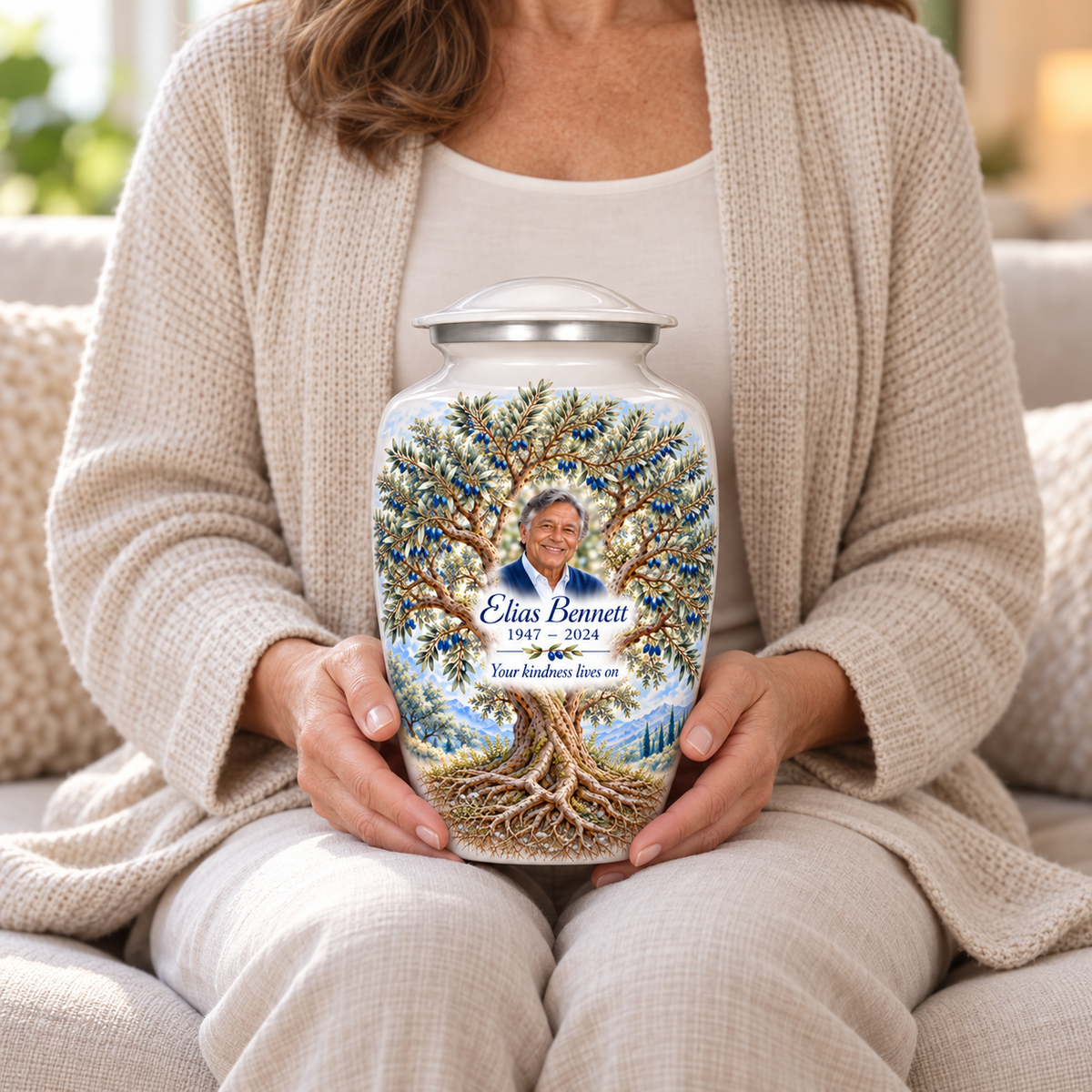Blue Olive Tree of Life adult urn with sample photo and text held upright on a seated person’s lap
